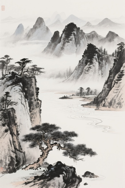 中国传统水墨写意风格山水画，近景枯笔浓墨绘松树与山石，中景以斧劈皴结合晕染表现层叠山峦，远景淡墨烘染云雾，水面留白并以淡墨线条表现波光，墨色焦浓淡清层次分明，线条遒劲，气韵生动，计白当黑，空灵悠远预览效果