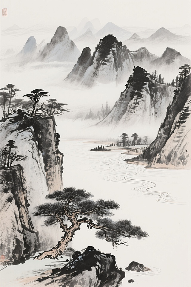 古典中式水墨风，山峦叠嶂，松柏苍劲，烟雾缭绕，印象画派手法展现自然之美。