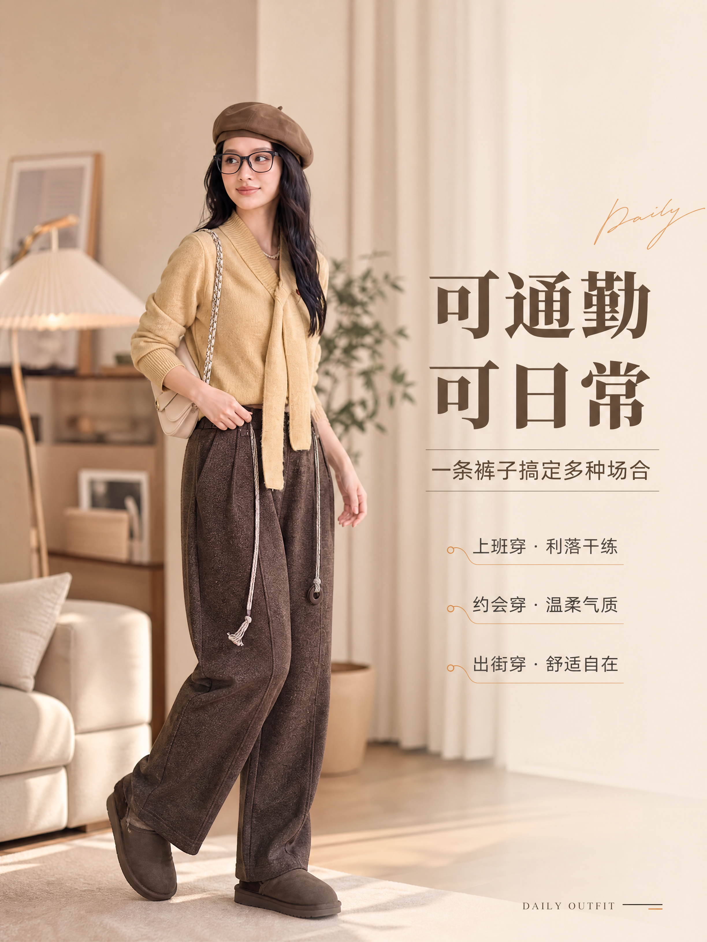 [商品] 使用【图8】咖色抽绳羊毛休闲阔腿裤模特图；商品处理：… - 图片创意预览