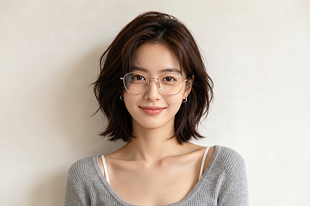 将第二张图片中的玫瑰金色细框多边形眼镜自然地戴到第一张图片女生的脸上，保持女生原本的短发发型、妆容、灰色针织上衣和整体光影风格不变，眼镜佩戴位置自然真实，融合自然不违和