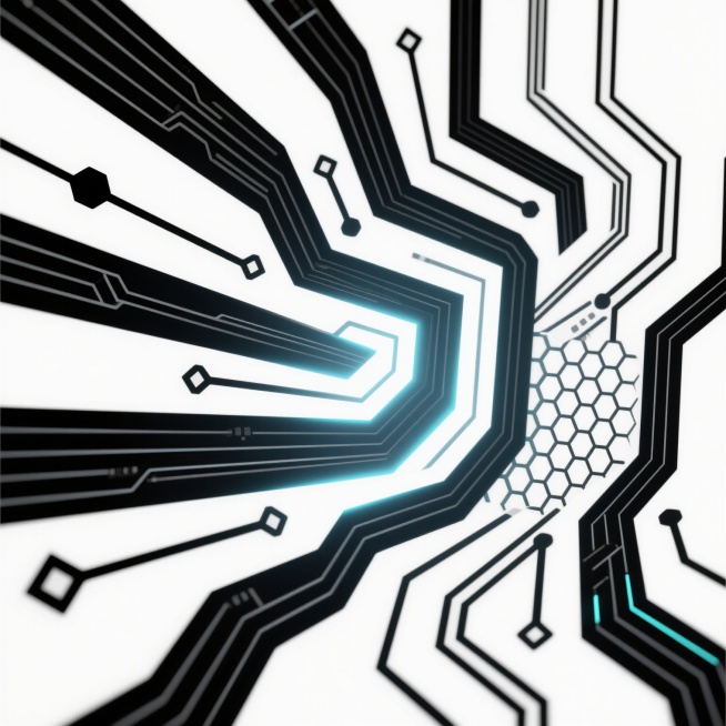 白色背景上的科技感电路板图案，采用由粗到细的黑色线条构成的复杂几何路径，融合类似声波扩散的放射状纹理与蜂窝状网格结构，线条边缘添加渐变发光效果，局部区域点缀微小的六边形和菱形几何元素，整体保持抽象科技风格与清晰的视觉层次。预览效果