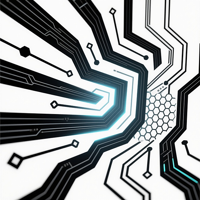 白色背景上的科技感电路板图案，采用由粗到细的黑色线条构成的复杂几何路径，融合类似声波扩散的放射状纹理与蜂窝状网格结构，线条边缘添加渐变发光效果，局部区域点缀微小的六边形和菱形几何元素，整体保持抽象科技风格与清晰的视觉层次。