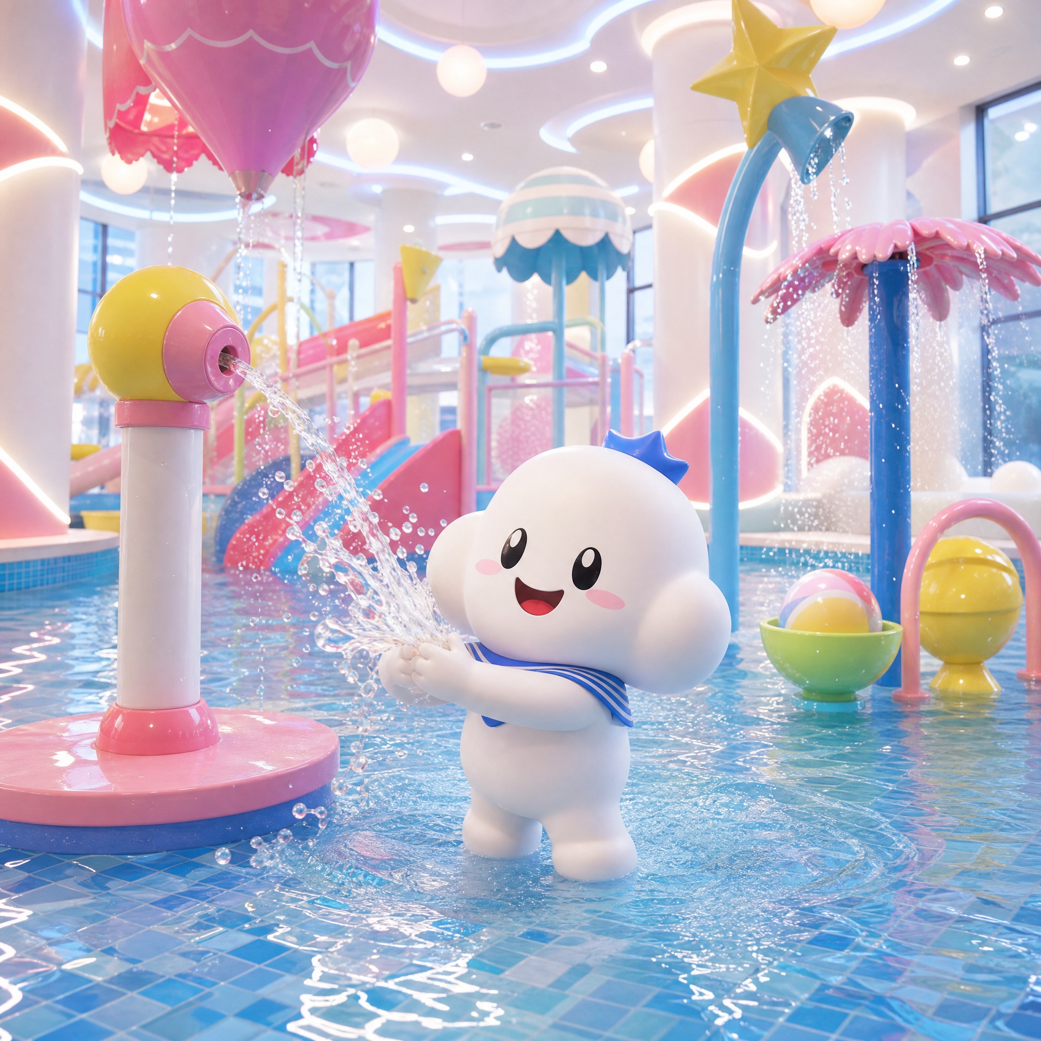 将白色云朵IP做成幼态版，生成一张 1:1 方形幼儿独自游玩水… - 图片创意预览
