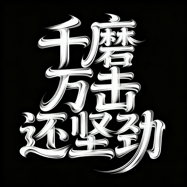 黑底白字，中文字体"千磨万击还坚劲 "。大胆艺术的中文字体设计，扭曲且重叠的字符，动态不规则的字形流动，创意的笔画扭曲和融合，现代抽象风格，粗细线条交替，既具可读性又富有艺术感，简洁的黑色背景，字体呈预览效果