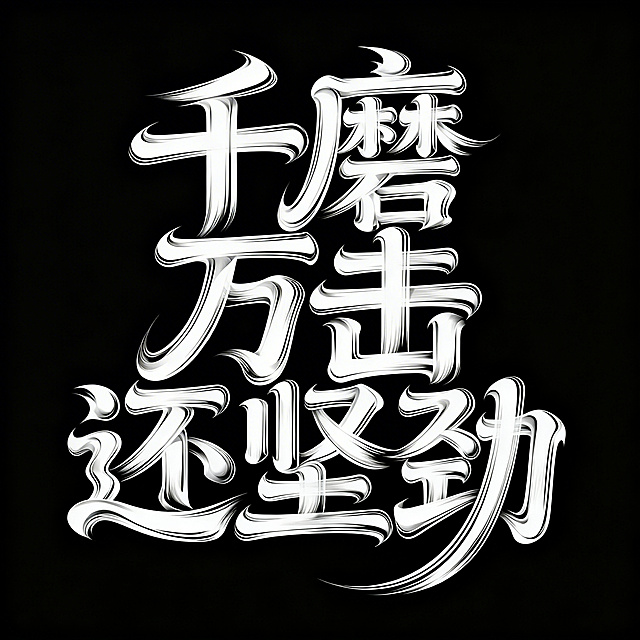 黑底白字，中文字体"千磨万击还坚劲 "。大胆艺术的中文字体设计，扭曲且重叠的字符，动态不规则的字形流动，创意的笔画扭曲和融合，现代抽象风格，粗细线条交替，既具可读性又富有艺术感，简洁的黑色背景，字体呈现动感和能量。