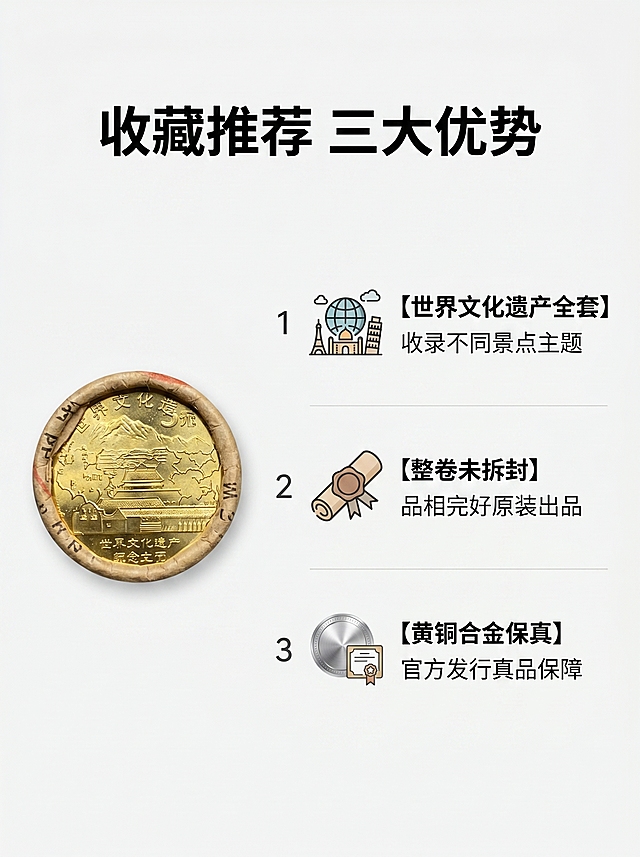 [详情图2] 世界文化遗产纪念币核心卖点展示；保持产品外观不变；[风格] 清晰简洁卖点排版；[画质] 超高清，干净专业；[元素] 左侧展示单卷纪念币实物图，右侧分点列出三大核心卖点：1.【世界文化遗产全套】收录不同景点主题；2.【整卷未拆封】品相完好原装出品；3.【黄铜合金保真】官方发行真品保障；卖点图标搭配文字，排版工整留白舒适，浅灰简约背景；[文字] 顶部标题 "收藏推荐 三大优势" 黑色粗体居中；[比例] 3:4，2k分辨率；[负向提示] 变形，文字模糊，排版混乱，背景杂乱