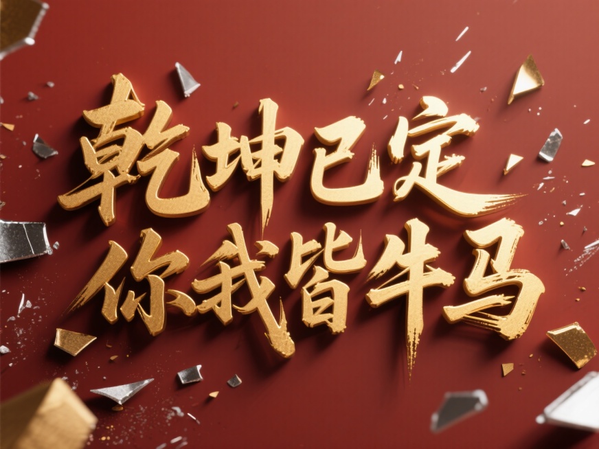 文案“乾坤已定，你我皆牛马”金色字体，金属烫金质感加强，字体加投影，红棕色背景，破碎金属，冲击感，红金，中式预览效果