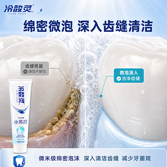 [主图-45] 冷酸灵小苏打牙膏绵密泡沫深入齿缝特征图
[氛围风格] 微观清洁风，泡沫深入齿缝可视化，清洁力直观展示，专业可信
[画质] 超高清微距3D渲染质感，齿缝细节清晰，泡沫质感细腻，画面有说服力
[元素] 画面中央是两颗牙齿的微距特写，展示牙齿之间的缝隙；绵密细腻的白色泡沫正在深入齿缝，泡沫中的微小气泡携带小苏打颗粒进入牙缝深处清洁；左侧展示未清洁的齿缝中有食物残渣和牙菌斑；右侧展示泡沫清洁后的齿缝干净清爽；冷酸灵小苏打牙膏管放在画面左下角；背景为浅蓝色渐变，有微弱的光线效果；左上角冷酸灵品牌Logo；产品占画面约20%。保持冷酸灵小苏打牙膏外观（即物理结构、材质质感、颜色、包装文字）与输入产品图绝对一致，杜绝任何变形和色差，精细化处理
[光影] 侧上方柔光，牙齿和泡沫有清晰的质感表现；泡沫中有细密的气孔高光；整体干净通透，微观感强
[配色] 主色调白色泡沫+青蓝+牙齿米白，背景浅蓝，干净专业，突出泡沫深入清洁特征
[视角构图] 微距平视视角，齿缝在中央，左右对比清洁效果，产品在左下辅助，整体聚焦于泡沫深入齿缝的清洁过程
[文字版式] 顶部居中大字"绵密微泡 深入齿缝清洁"深蓝色粗体；左侧标注"齿缝残留 清洁不到位"灰色字；右侧标注"微泡深入 洁净齿缝"青蓝字；底部通栏浅底："微米级绵密泡沫 深入清洁齿缝 减少牙菌斑"；文字清晰，不遮挡主体结构
[输出要求] 1:1比例，文字清晰可辨，超高清3D渲染质感
[负向提示词] 变形，文字错乱，产品图模糊，背景杂乱，水印，电商平台Logo