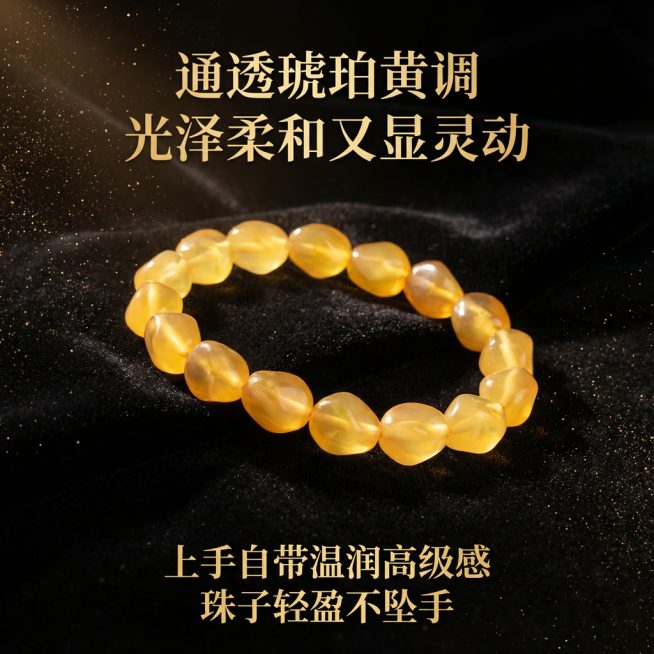 这张图片是产品主体这款产品是蜜蜡手串  我需要设计10张主图在拼多多上面售卖   主图设计整体显得高级一些  主图文案内容   通透琥珀黄调 光泽柔和又显灵动 上手自带温润高级感 珠子轻盈不坠手预览效果