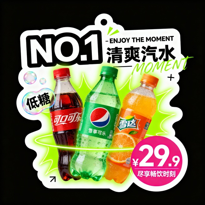 一捆饮料，有可乐、雪碧与橙汁。荧光绿,主标题“NO.1 清爽汽水”，辅以英文“ENJOY THE MOMENT”；左侧气泡文案“低糖”，右下角粉色圆形价格“¥29.9”，小字“尽享畅饮时刻”。预览效果