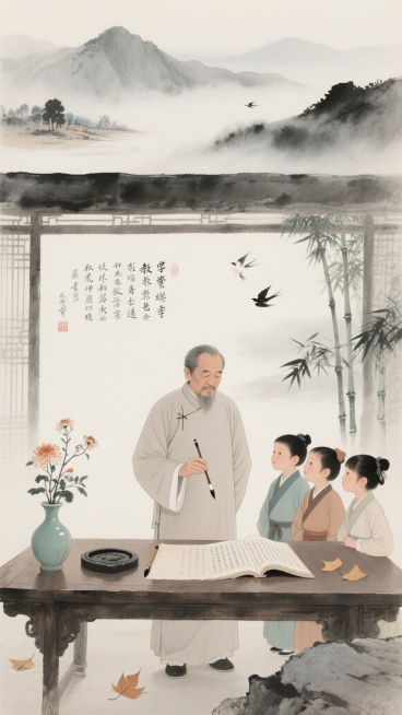 中国水墨画风格，淡雅墨色为主，局部点缀赭石、花青等传统色彩，笔触兼具写意与工细，画面留白意境悠远，水墨晕染效果自然，呈现东方古典美学韵味。竖版构图9:16，上中下层次分明：上部为远山云雾（占比20%）预览效果