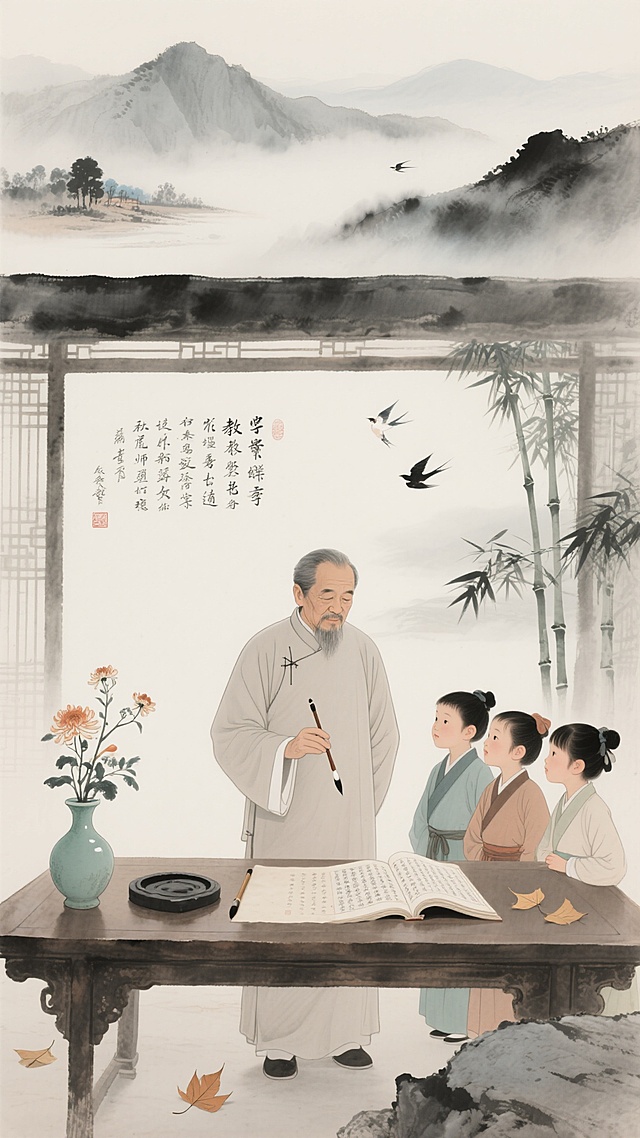 古典中式工笔风，水墨渲染静谧文艺场景，师徒共学，书香满堂。