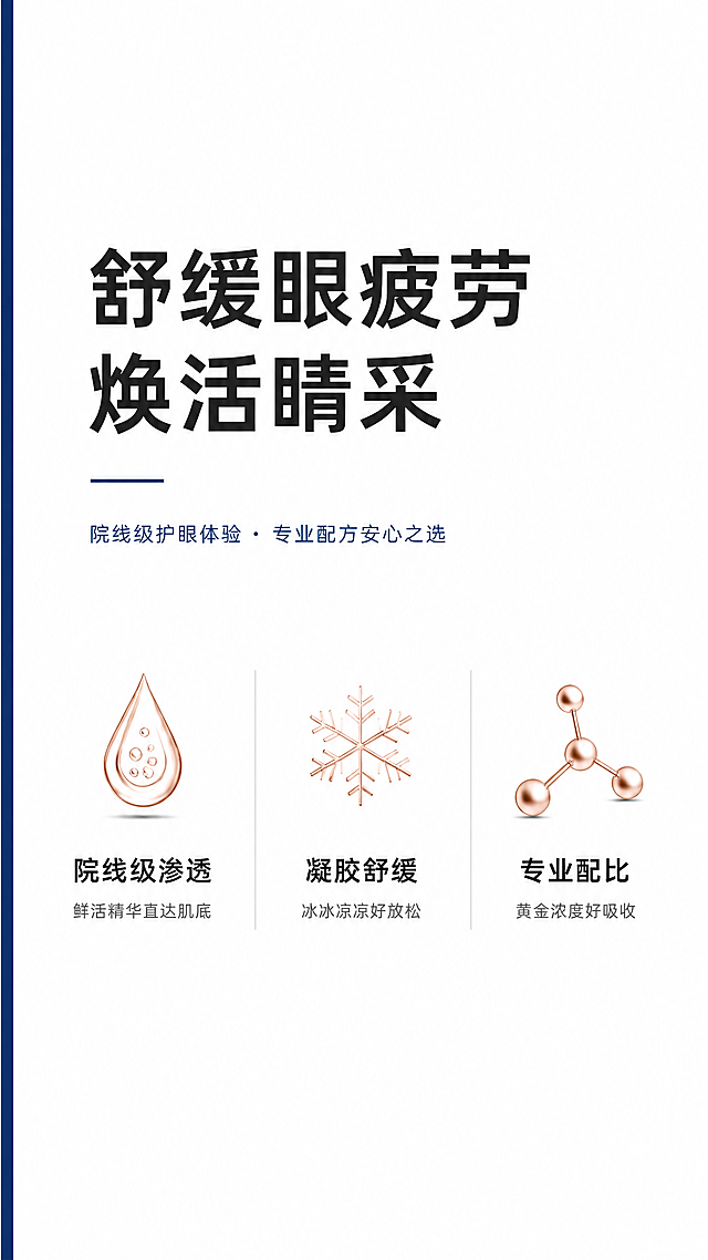[第2屏] 详情页核心功效卖点展示，参考【图2】的版式逻辑。[氛围/风格] 简约专业，干净素雅，医疗护肤质感，画面简洁高级。[元素布局] 主标题位于画面上方左侧，下方用深蓝色细横线分割，三个卖点分三栏水平均匀分布，每个卖点上方搭配对应简约金色图标。保持内容干净，主体内容不顶边，四周留足留白。[光影质感] 整体光线均匀柔和，图标和文字清晰，阴影轻薄，背景干净无杂质。[配色色系] 全局底色：#FFFFFF（纯白）；主色：#1A3A70（深蓝）；辅助色：#D4AF37（浅金）；文字色：#222222（深灰）。[视角构图] 正面满版构图，左文右图版式逻辑，分栏清晰，阅读从上到下流畅。[文字版式] 主标题大字号加粗："舒缓眼疲劳 焕活睛采"，左对齐；主标题下方副标题小字："院线级护眼体验 · 专业配方安心之选"，深蓝色；三个卖点从左到右：第一个卖点上方金色水滴图标，标题"院线级渗透"加粗，下方小字"鲜活精华直达肌底"；第二个卖点上方金色雪花图标，标题"凝胶舒缓"加粗，下方小字"冰冰凉凉好放松"；第三个卖点上方金色分子结构图标，标题"专业配比"加粗，下方小字"黄金浓度好吸收"。图标和文字居中对齐，文字清晰不拥挤，移动端可读性强。[比例分辨率] 9:16竖版比例，4K分辨率，文字清晰可辨。[负向提示词] 图标变形，文字错乱，颜色偏差，背景杂乱，水印，诱导按钮，绝对化用词。