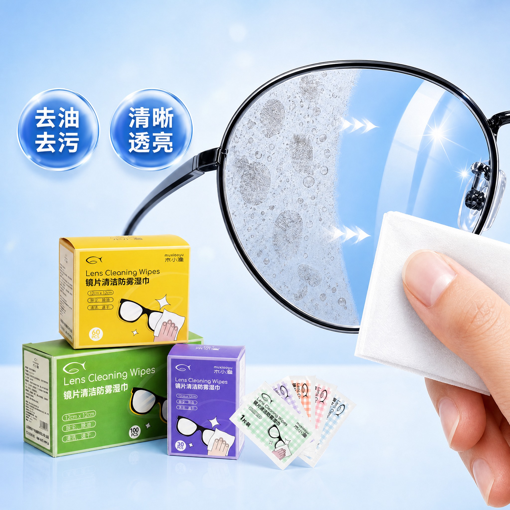 [单张主图] 木小渔镜片清洁防雾湿巾，爆款促销感主图，复刻参考… - 图片创意预览