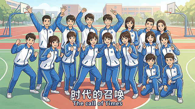 (masterpiece, best quality, 8K 超高清，极致细节：1.2), (8 名男生 8 名女生，共 16 名青春阳光的中学生，男女比例 1:1, 全员完整入镜：1.5), 参考图同款日系清新校园动画插画风格，平涂手绘质感，清新明亮暖色调，全员统一穿着蓝白拼色运动款校服；人物无整齐排队站位，动作活泼多样、各不相同，有人高举手臂、有人半蹲侧身、有人握拳比耶、有人搭肩互动，姿态自然灵动，充满青春活力，全员正脸正对镜头，面部五官端正清晰、轮廓完整无遮挡，表情阳光开朗，方便后期换脸修图；人物站位错落有序，无重叠、无裁切、无出框，背景为晴朗白日下的校园篮球场，红色塑胶跑道、篮球架、远处教学楼清晰可见，柔和自然光，光影层次自然，青春氛围感拉满；画面底部居中添加清晰工整的团队口号，中文"时代的召唤"+ 英文"The call of Times"，字体圆润美观，和整体校园画风适配，文字无变形、无模糊、无错字，不遮挡画面人物主体，画面干净完整，无任何多余水印、logo，适配方形卡贴尺寸，印刷级高清画质