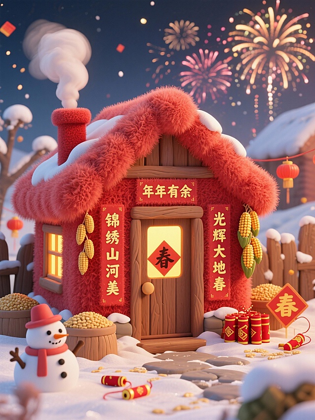 主体是农村的院子，里面是红色毛绒质感可爱的小屋，烟囱里冒着烟，门两边贴着对联（上联锦绣山河美，下联光辉大地春，横批年年有余）、挂着玉米穗，屋内透出暖黄色灯光，远处是烟花，院子里有雪人和粮食堆。鞭炮、“春”字点缀，春节氛围，毛绒风格。