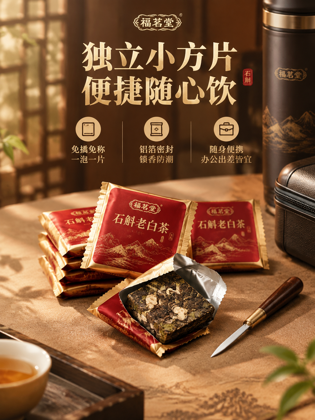 [商品] 基于石斛老白茶独立小方片/小泡袋生成；小方片为紧压白… - 图片创意预览