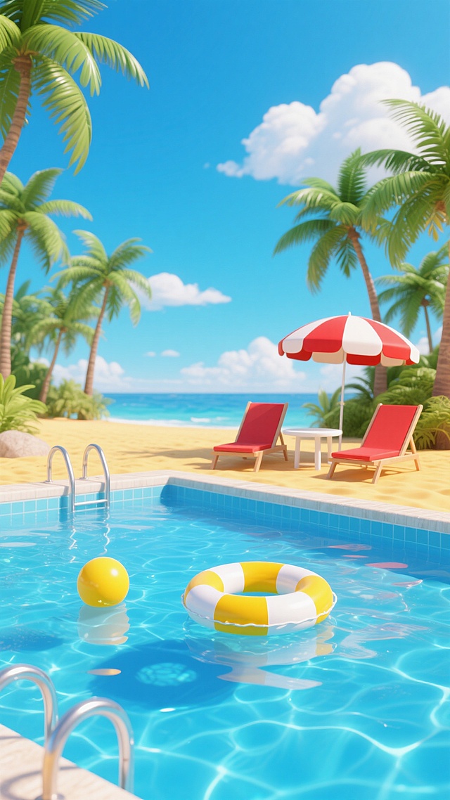 3D风格水上乐园场景，明亮欢快的氛围，清澈见底的蓝色泳池水，水面波光粼粼有阳光折射的光斑，前景漂浮着一个黄色和白色相间的救生圈，水中还有两个黄色的橡胶球，泳池边缘有银色金属扶手，池边是金黄色的沙滩，沙滩上摆放着两把红色的躺椅，旁边有一个白色的小桌子，右侧有一把红白条纹的遮阳伞，周围环绕着多棵绿色的棕榈树，天空是纯净的蓝色，飘着几朵白色的云朵，整体色彩明快和谐，光影充足，呈现出夏日度假的轻松愉悦感。