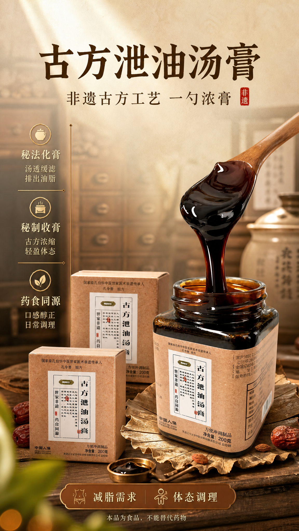 以【图1】古方泄油汤膏双盒实物包装与【图2】深琥珀色膏体被木勺… - 图片创意预览