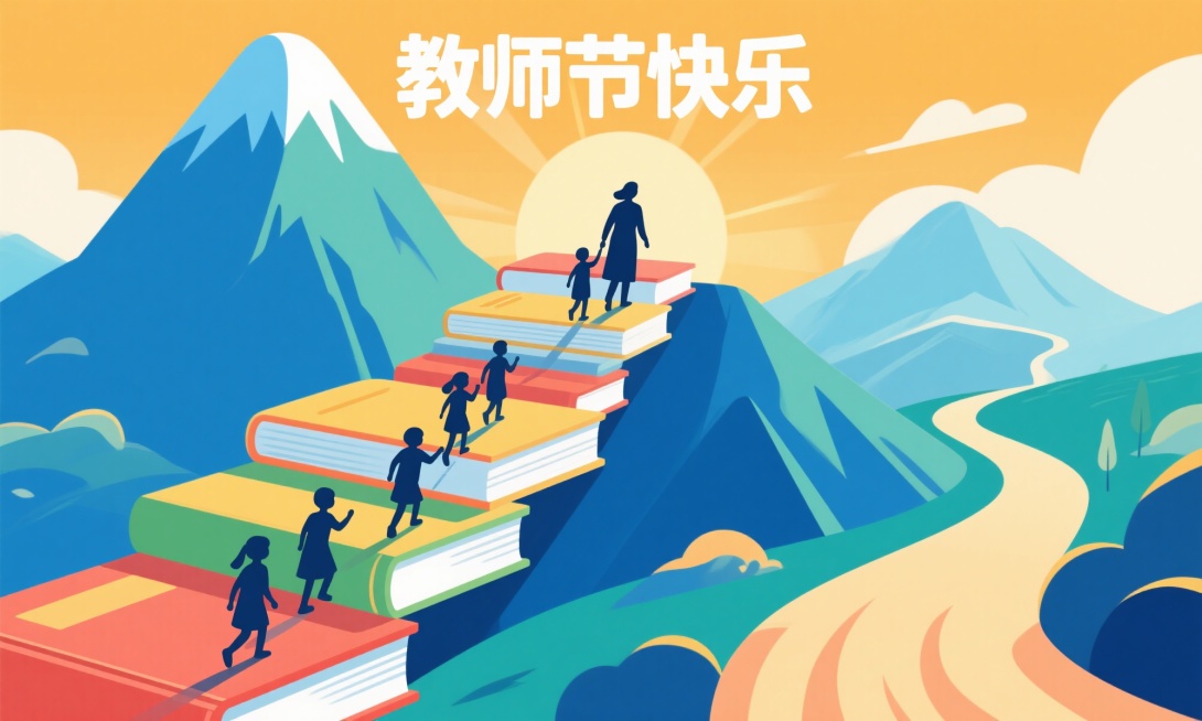 教师节主题海报，书籍化作巍峨山峦，书页层层叠叠如山路蜿蜒，孩子们的剪影沿着书页向上攀登，老师的剪影在前方引路，阳光洒在山路上，整体画面温暖励志，充满希望感，“教师节快乐”预览效果