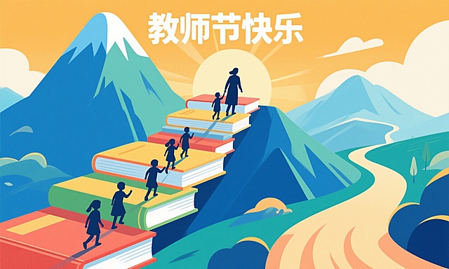 教师节海报图片生成，画面中书籍化作山峦，孩子们的剪影正沿着书页向上攀登，老师引路，寓意知识之路的探索与成长。