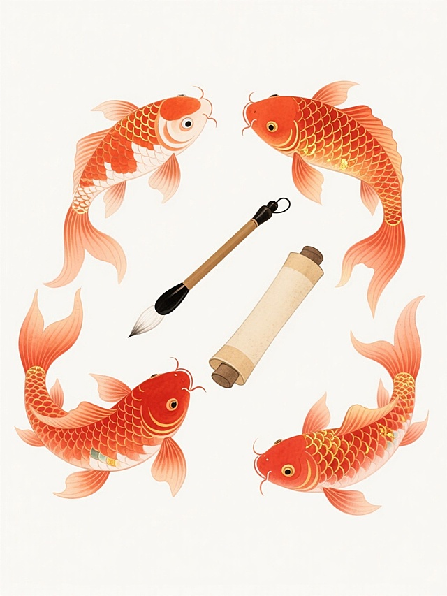 中国风插画风格，四条形态各异的红色锦鲤围绕着毛笔与卷轴元素，保持原有的橙红色调与金色点缀，锦鲤鳞片细节丰富，鱼鳍飘逸，背景为纯白色，整体构图对称整齐，画面充满传统吉祥寓意，每个锦鲤样式各具特色，排列均匀有序，保留水彩质感与细腻笔触，毛笔与卷轴作为核心元素贯穿其中，营造典雅和谐的视觉效果。