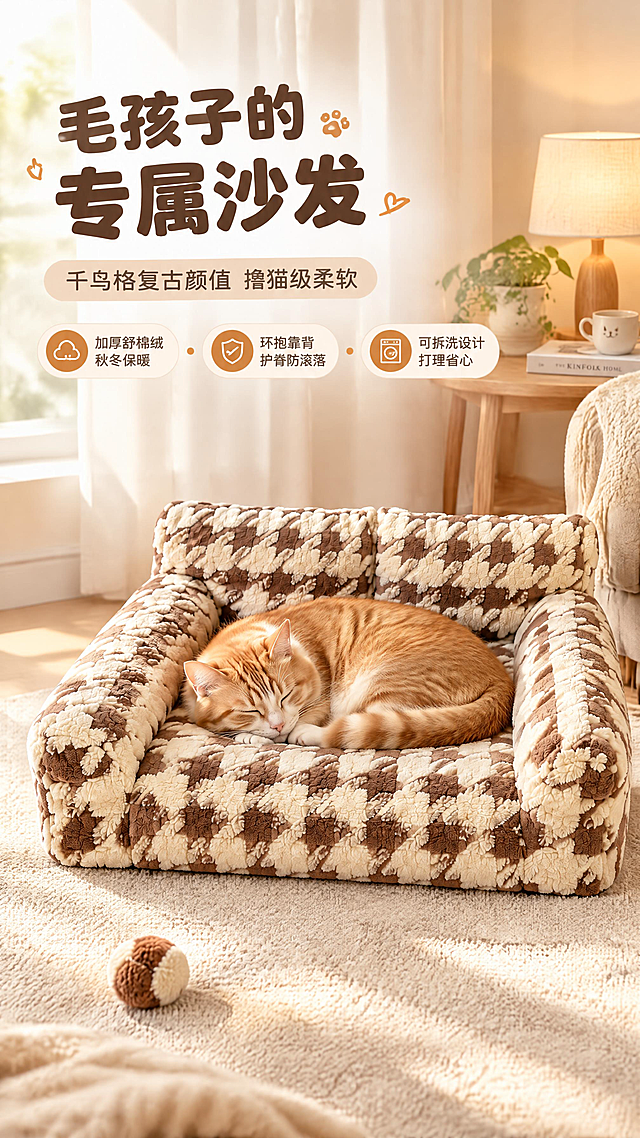 [商品] 使用【图1】焦糖棕千鸟格毛绒宠物沙发床；保留三面环抱靠背、双靠背枕、扶手围边、千鸟格图案、舒棉绒毛绒材质、整体方正沙发造型、棕米双色配色；商品处理：自然理顺毛绒纹理，增强面料蓬松质感与缝线细节，不改变结构、比例和图案。
[画面] 目标：氛围头图，突出毛孩子专属沙发的治愈颜值与家居质感。构图：左上方文字区，右下主体宠物沙发置于温馨客厅地毯上，一只橘猫慵懒蜷睡在沙发中央，产品占画面约60%。景别：中景。前中后景：前景浅米色地毯+小毛球玩具，中景宠物沙发+猫咪，后景虚化的奶白色窗帘、原木边几与暖光台灯。阅读动线：左上标题→右下产品主体。
[视觉] 套系策略：风格=温馨治愈ins家居风商业摄影；标题字=圆润粗黑体；正文字=简洁圆角无衬线体；主色=奶咖棕米；背景延展=基于奶咖棕米做深浅层级、同色渐变和细腻织物/墙面质感；强调色=焦糖橘，仅用于小面积图标、引线和标签；标题色=深棕咖；正文色=暖灰棕；组件=圆角浅底信息卡、细线引线、软萌圆点点缀；光影=左前侧暖柔光，窗边自然光感。
[文字] 左上留白放主标题、副标题和3个短卖点。主标题：毛孩子的专属沙发；副标题：千鸟格复古颜值 撸猫级柔软；卖点1：加厚舒棉绒 秋冬保暖；卖点2：环抱靠背 护脊防滚落；卖点3：可拆洗设计 打理省心。文字横向排版，不遮挡沙发主体与猫咪。
[规格] 图片比例9:16竖版，4K分辨率，避免变形、错字、文字过小、冷蓝/蓝灰背景、产品颜色改变、结构失真、猫咪姿态不自然。