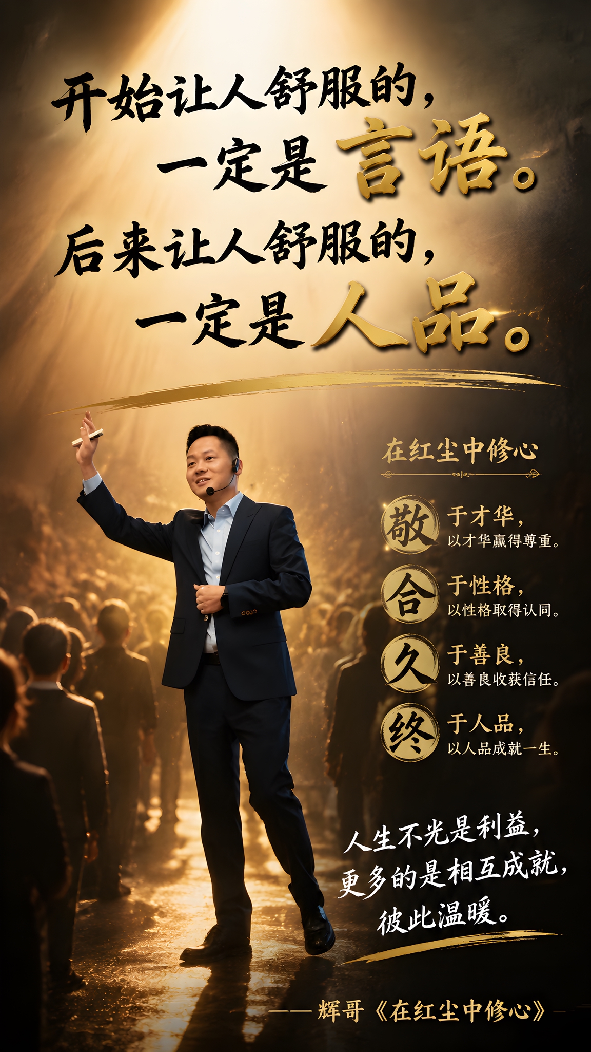 个人IP金句海报，竖版9:16，大气磅礴的暖金风格。画面主体是… - 图片创意预览