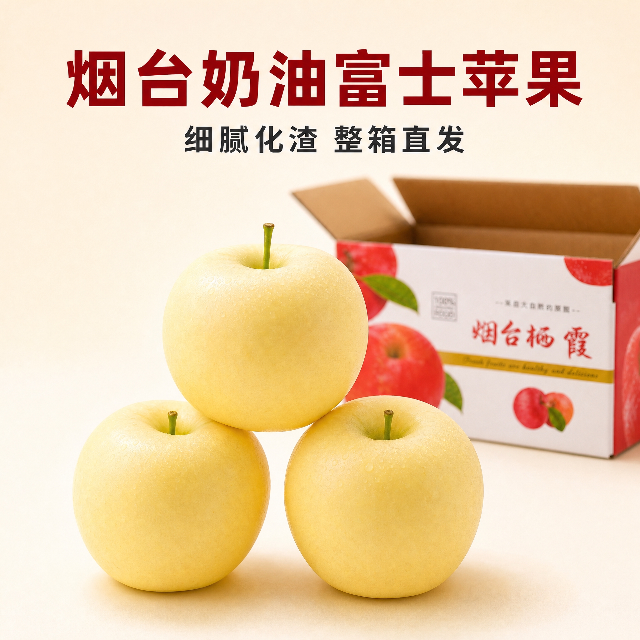 基于提供的烟台奶油富士苹果产品图和包装箱图，生成京东电商主图第… - 图片创意预览