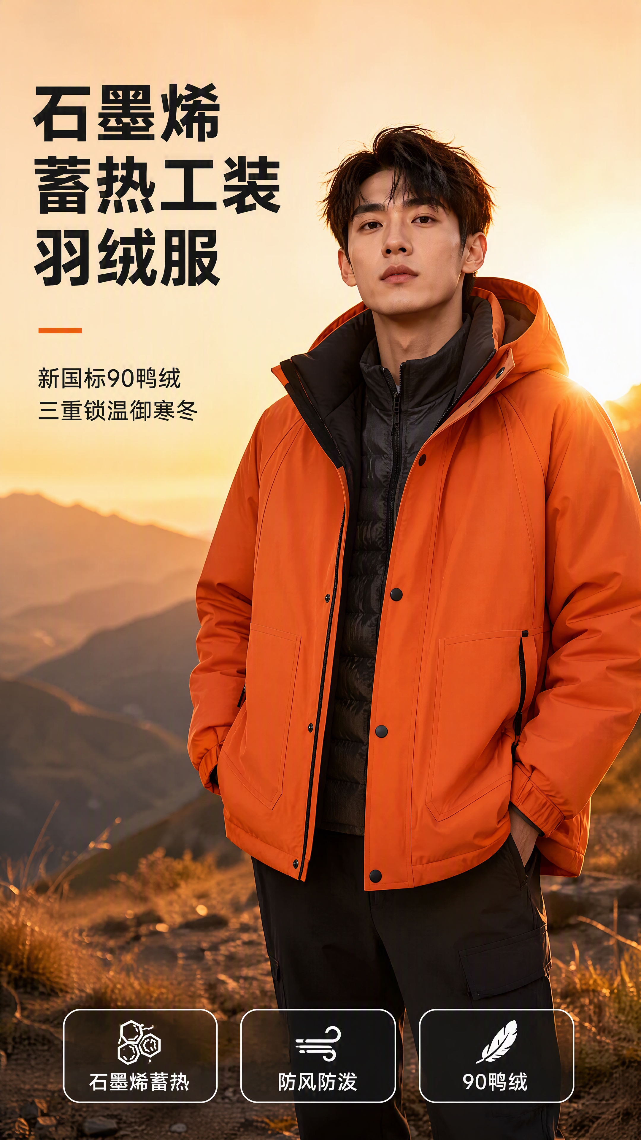 [第1张] 详情页首屏主视觉海报-男士石墨烯蓄热工装羽绒服引流… - 图片创意预览