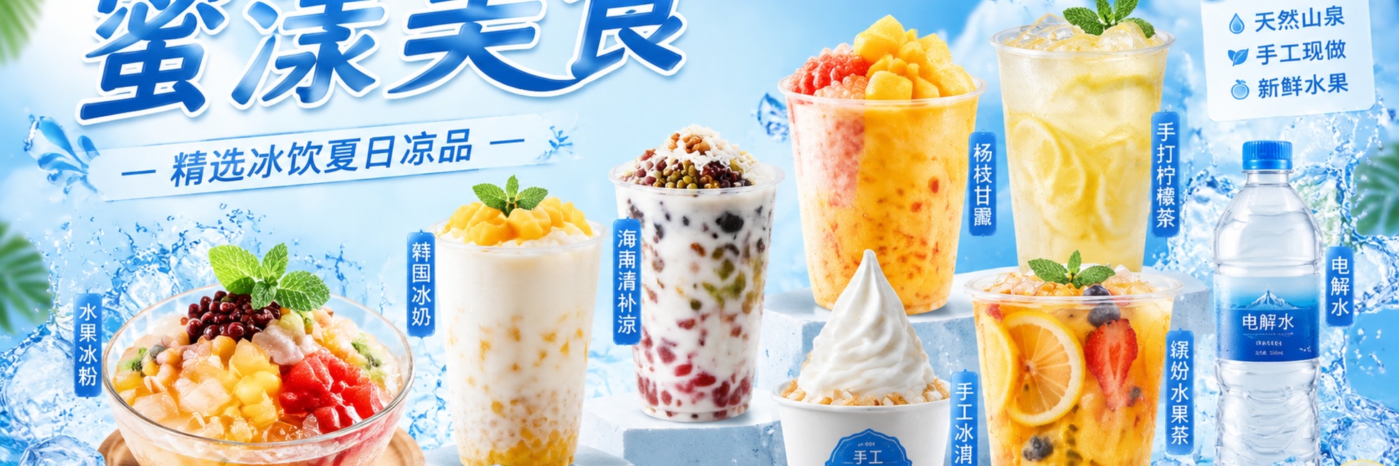 清爽冰饮商业海报，夏日清凉风格，主标题是"蜜漾美食"，副标题是"精选冰饮夏日凉品"，左下角展示一碗水果冰粉，整体展示主营产品：韩国冰奶、海南清补凉、水果冰粉、杨枝甘露、手打柠檬茶、电解水、手工冰淇淋、预览效果