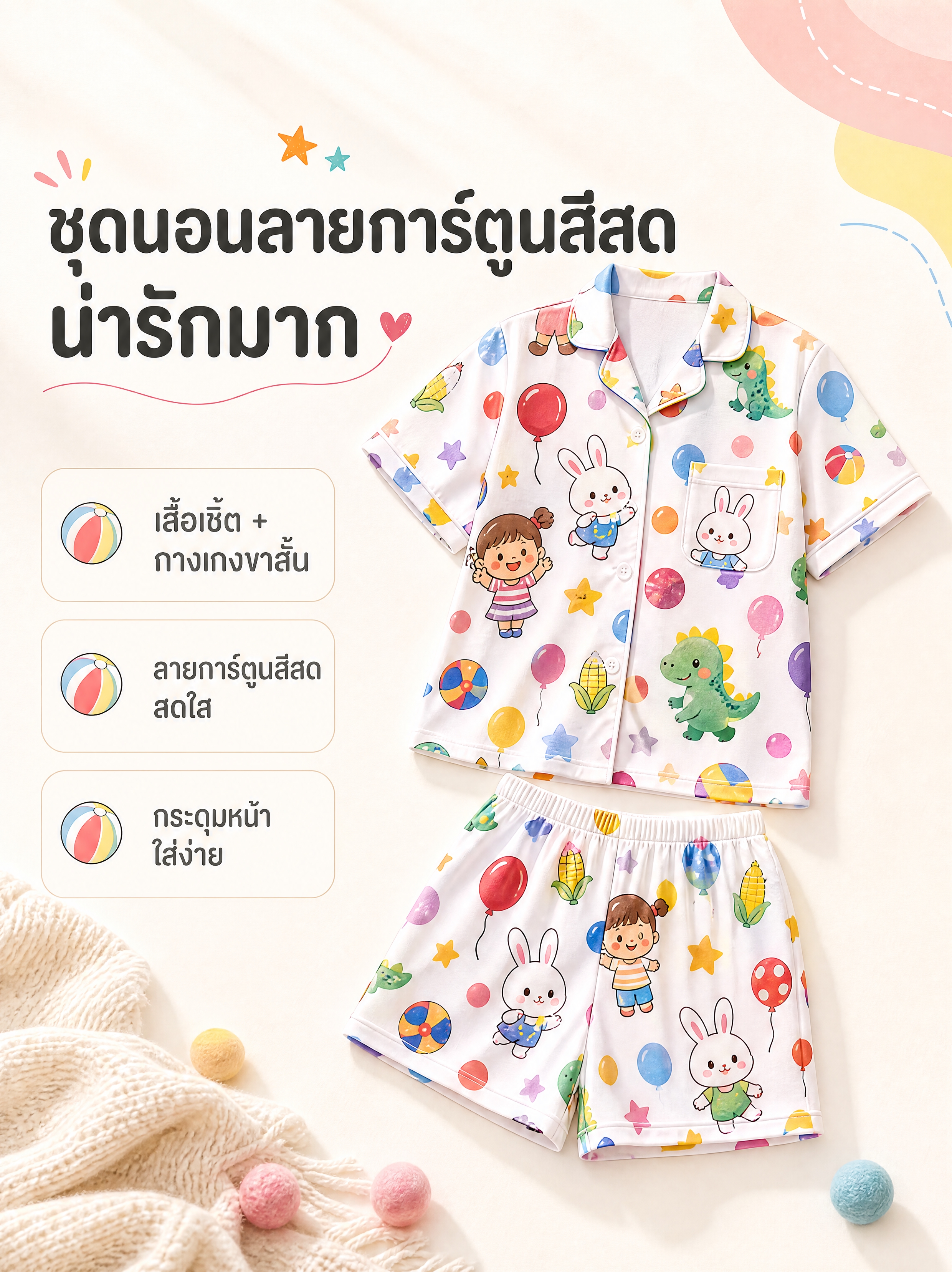 [商品] 原创设计白底彩色涂鸦翻领开襟短袖衬衫+短裤睡衣套装；… - 图片创意预览