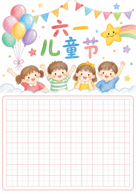 六一儿童节字帖，上半部分是六一儿童节主题彩铅手绘画面，有小朋友和气球元素，下半部分是整齐的田字格练字区域，白色背景，彩铅手绘风格，整体竖版布局预览效果