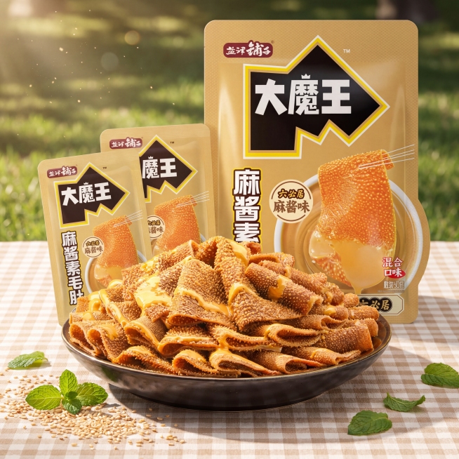 盐津铺子大魔王麻酱素毛肚零食，保持产品包装和实物的外观、颜色、文字和物理结构绝对不变，保持Logo原样，严禁扭曲变形。
主体占画面70%，素毛肚在深色盘子里，三袋产品在后方有序摆放，整体平稳放置在桌面预览效果