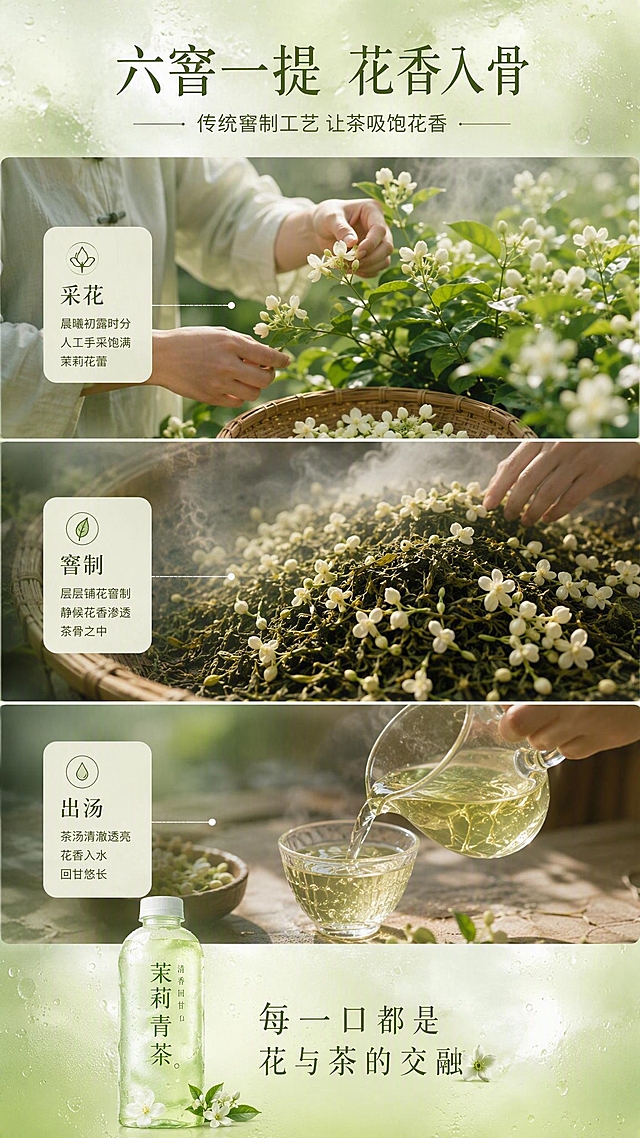 [商品] 使用【图1】茉莉青茶饮品的品牌调性和茶液质感作为参考；本页展示窨制工艺过程。
[画面] 目标：工艺品质展示，强调花香入茶的传统制作工艺。构图：3张纵向图竖拼工艺展示型，从上到下依次为：茉莉花采摘、鲜花窨茶、成品出汤。每张图占画面约25%，中间有分隔线，底部放茶饮产品图占20%。整体阅读动线从上至下。
[视觉] 套系策略：风格=清新自然商业摄影风；标题字=清雅宋体衬线体；正文字=简洁无衬线体；主色=茉莉浅绿+茶白；背景延展=基于浅绿做深浅渐变、水雾朦胧质感、同色系层次；强调色=茉莉白，仅用于小面积图标、引线和标签；标题色=深茶绿；正文色=中灰绿；组件=圆角浅底信息卡、细线引线；光影=柔和自然光、暖调工艺感、茶烟氤氲。
[文字] 顶部主标题"六窨一提 花香入骨"，副标题"传统窨制工艺 让茶吸饱花香"，每段工艺图下方配短标签："采花""窨制""出汤"，文字横排。底部产品旁标注"每一口都是花与茶的交融"。
[规格] 比例9:16竖版，2K分辨率，避免变形、错字、文字过小、工艺场景不真实。
