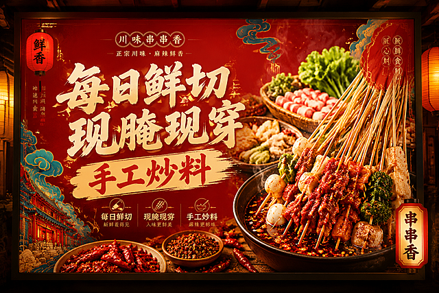 串串香美食广告灯箱，红色国潮风格，突出广告语"每日鲜切现腌现穿 手工炒料"，画面展示新鲜串串食材，氛围感拉满，餐饮广告设计