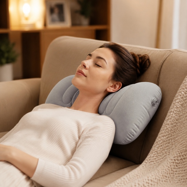 Generate a scene use main image for a light gray inflatable pillow, show the pillow used at home on预览效果