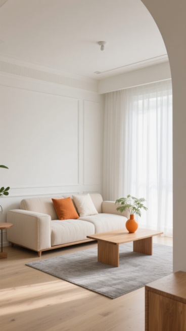 极简主义风格室内设计，以米白色和浅木色为主色调，柔和自然光透过白色纱帘洒入，营造明亮通透氛围，浅米色布艺转角沙发搭配橙色和米白色靠垫，低矮木质茶几上摆放橙色花瓶与绿植，灰色地毯铺于浅色木地板，简约石膏线条装饰墙面，整体空间干净利落，细节处体现温暖舒适感，不同角度展现室内空间的结构美感与光影变化。预览效果