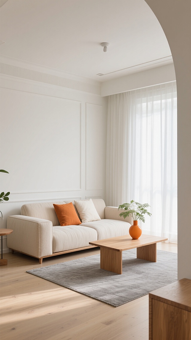 极简主义风格室内设计，以米白色和浅木色为主色调，柔和自然光透过白色纱帘洒入，营造明亮通透氛围，浅米色布艺转角沙发搭配橙色和米白色靠垫，低矮木质茶几上摆放橙色花瓶与绿植，灰色地毯铺于浅色木地板，简约石膏线条装饰墙面，整体空间干净利落，细节处体现温暖舒适感，不同角度展现室内空间的结构美感与光影变化。