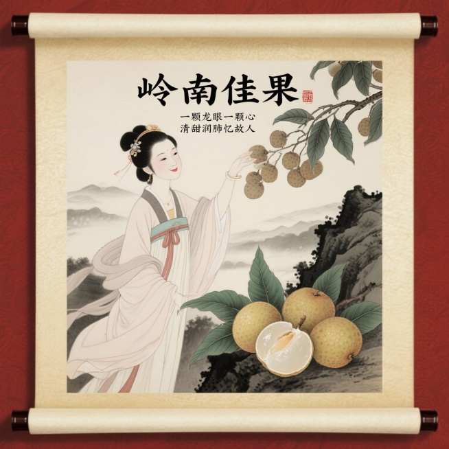我是一名设计师，现在要做一张关于“龙眼”主题的海报，要求:以古风为主，色彩鲜艳，要有故事感，帮我生成文案内容、风格、构图，生成5组方案预览效果