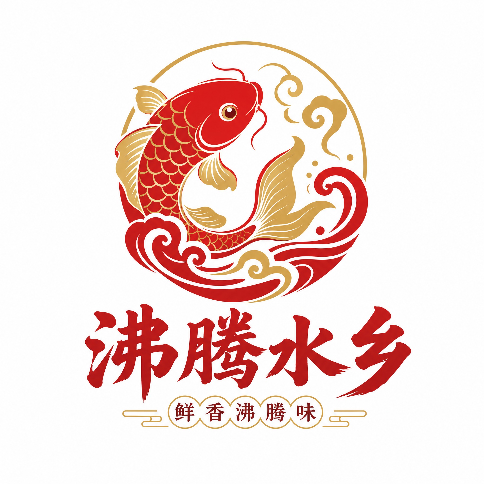 一个名为'沸腾水乡'的餐饮品牌LOGO设计，主体是一条灵动的锦… - 图片创意预览