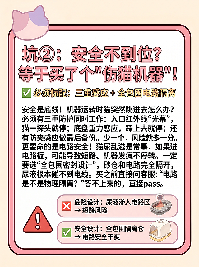 参考当前图片的整体版式、简约清新马卡龙配色和小红书种草科普风格，保持尺寸为750X1000，替换文案：左上角保留猫咪剪影装饰，主标题更换为：坑②：安全不到位？等于买了个"伤猫机器"！小标题更换为：✅ 必须标配：三重感应 + 全包围电路隔离，理由段落：安全是底线！机器运转时猫突然跳进去怎么办？必须有三重防护同时工作：入口红外线"光幕"，猫一探头就停；底盘重力感应，踩上去就停；还有防夹感应做最后备份。少一个，风险就多一分。更要命的是电路安全！猫尿乱滋是常事，如果流进电路板，可能导致短路、机器发疯不停转。一定要选"全包围密封设计"，砂仓和电路完全隔开，尿液根本碰不到电线。买之前直接问客服："电路是不是物理隔离？"答不上来的，直接pass。排版为：左侧放安全警示感叹号三角图标，右侧分为上下两个圆角卡片，上方卡片用红色叉号标注"危险设计"，文字描述：危险设计：尿液渗入电路区 → 短路风险；下方卡片用绿色对号标注"安全设计"，文字描述：安全设计：全包围隔离仓 → 电路安全干爽。