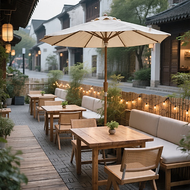 新中式禅意养生风餐厅户外卡座区，藤编椅搭配原木厚板桌，大尺寸米色遮阳伞，用竹篱绿植围栏隔离街道，地面铺户外防滑砖，局部做木栈道，每桌摆放小绿植，暖色LED串灯点缀，整体浅原木色调，轻松自然，新中式禅意氛围