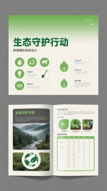 两张A4尺寸的环保组织宣传册内页设计，整体采用简约公益风格，以象牙白为底色，搭配嫩芽绿与森林墨绿作为主色调和强调色，视觉纯净而富有生机。上半页顶部有渐变绿色条形标题栏，标题文字为"生态守护行动"，采用森林绿粗体无衬线字体，下方为深灰色常规无衬线字体的项目介绍，左侧配有六个圆形环保图标（分别为：水循环叶片、再生箭头、濒危动物剪影、碳足迹、节能灯泡、植树铁锹）及对应文字说明框，右侧为树叶形状符号列……预览效果