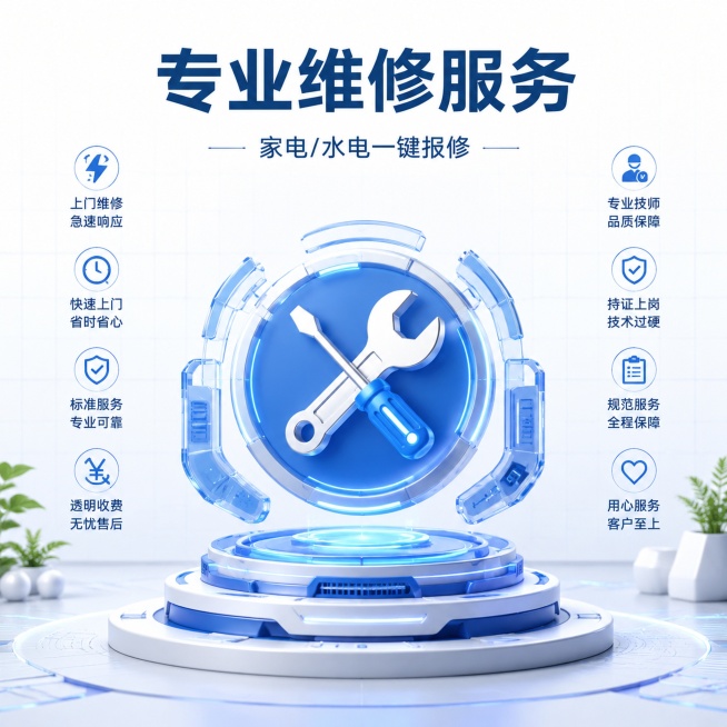 便民服务平台维修服务业务主题3D电商主图，走高级氛围感路线，目标让用户一眼识别维修服务属性，传递专业可信的平台价值。[画面主体] 3D风格的维修服务中枢图标居中展示，蓝色科技风立体悬浮控制台，中心位置预览效果