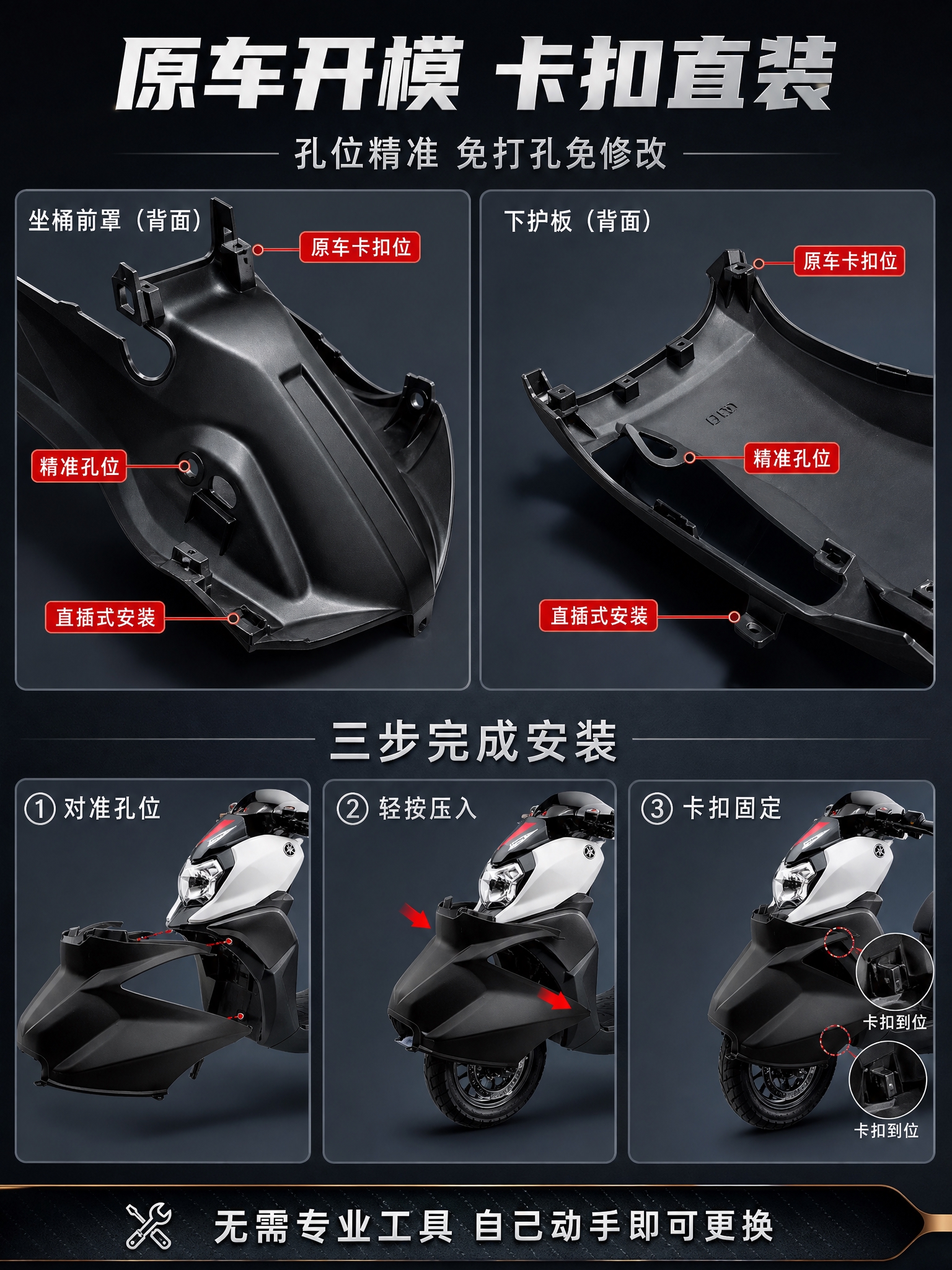 摩托车配件安装适配展示页。画面上半部分展示配件背面的卡扣结构特… - 图片创意预览