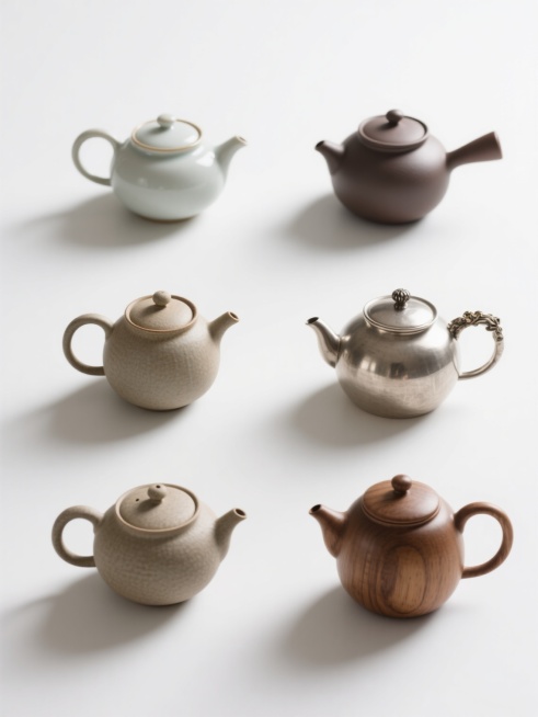 六个不同样式、不同种类的茶壶，每个茶壶都具有独特的设计特征，如各异的壶身形状、壶嘴样式、壶把造型和装饰细节，整体保持高清产品摄影风格，光线柔和均匀，采用侧上方光源，形成细腻的阴影和自然的高光，茶壶表面呈现出真实的材质质感，可能包括光滑的陶瓷釉面、质朴的粗陶纹理、金属的光泽或木质的温润，所有茶壶在纯白色背景上呈整齐排列，构图均衡，视觉层次清晰，突出展示每个茶壶的独特美感和设计细节，无任何文字、L……预览效果