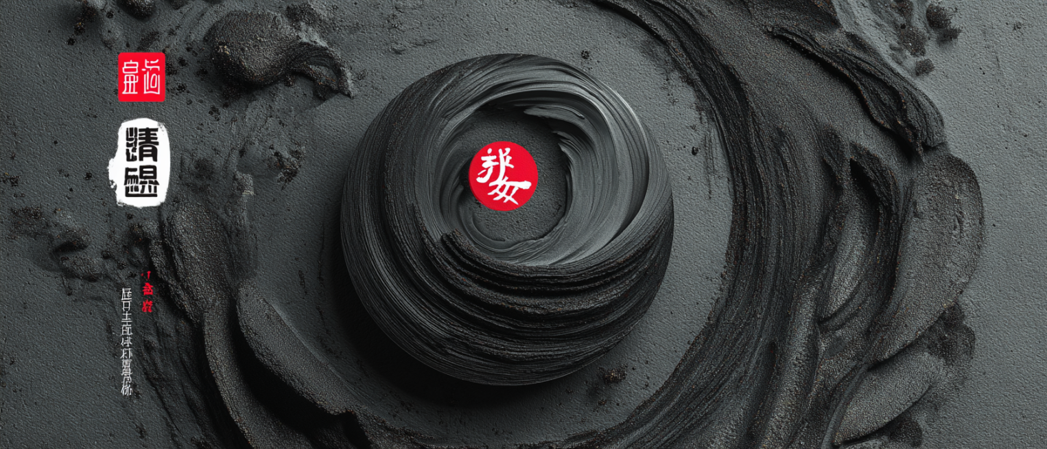 铝箔自封袋包装设计，画面中心是一个圆形抽象水墨徽章，将“反堆”主题重新诠释为一个旋转的能量漩涡。徽章由多层不同深浅的黑灰色水墨晕染叠加而成，形成深度和内蕴的动感，如微型宇宙星云或俯瞰解构的山脉。徽章边预览效果