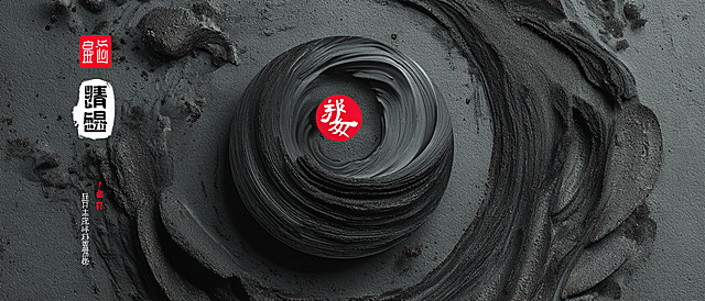 铝箔自封袋包装设计，画面中心是一个圆形抽象水墨徽章，将“反堆”主题重新诠释为一个旋转的能量漩涡。徽章由多层不同深浅的黑灰色水墨晕染叠加而成，形成深度和内蕴的动感，如微型宇宙星云或俯瞰解构的山脉。徽章边缘粗糙有肌理，模拟印章或雕刻的质感。背景为深灰色阳极氧化铝箔，呈现高级哑光质感，不反光，让水墨徽章更突出。将“好客天下”LOGO（红色“客”字在其独特的黑色墨环内）直接融入圆形徽章的中心，成为整个设计的核心。整体风格大胆、统一、有标志性。风格：现代中式奢华、符号化、强调肌理与深度。色彩：主色深灰铝箔、多层黑灰水墨，核心点缀色为LOGO的红色。工艺：模拟徽章外环深击凸+水墨内部纹理印刷，金属表面形成多层次、有触感的“印章”效果。