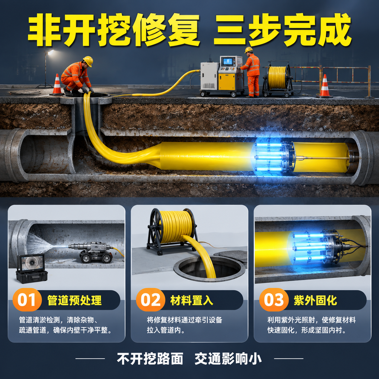 [主图-4] 施工场景与步骤分解图，展示紫外光固化修复材料在市… - 图片创意预览